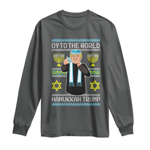 Funny Hanukkah Trump Long Sleeve Shirt Oy To The World Menorah David Stars TS11 Dark Heather Print Your Wear