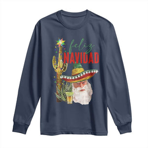 Funny Trump Mexico Christmas Long Sleeve Shirt Feliz Navidad Santa Sombrero Xmas Cactus TS11 Navy Print Your Wear