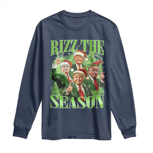 Funny Trump Christmas Long Sleeve Shirt Rizz The Season Santa Trump Elf 47th US President TS11 Navy Print Your Wear