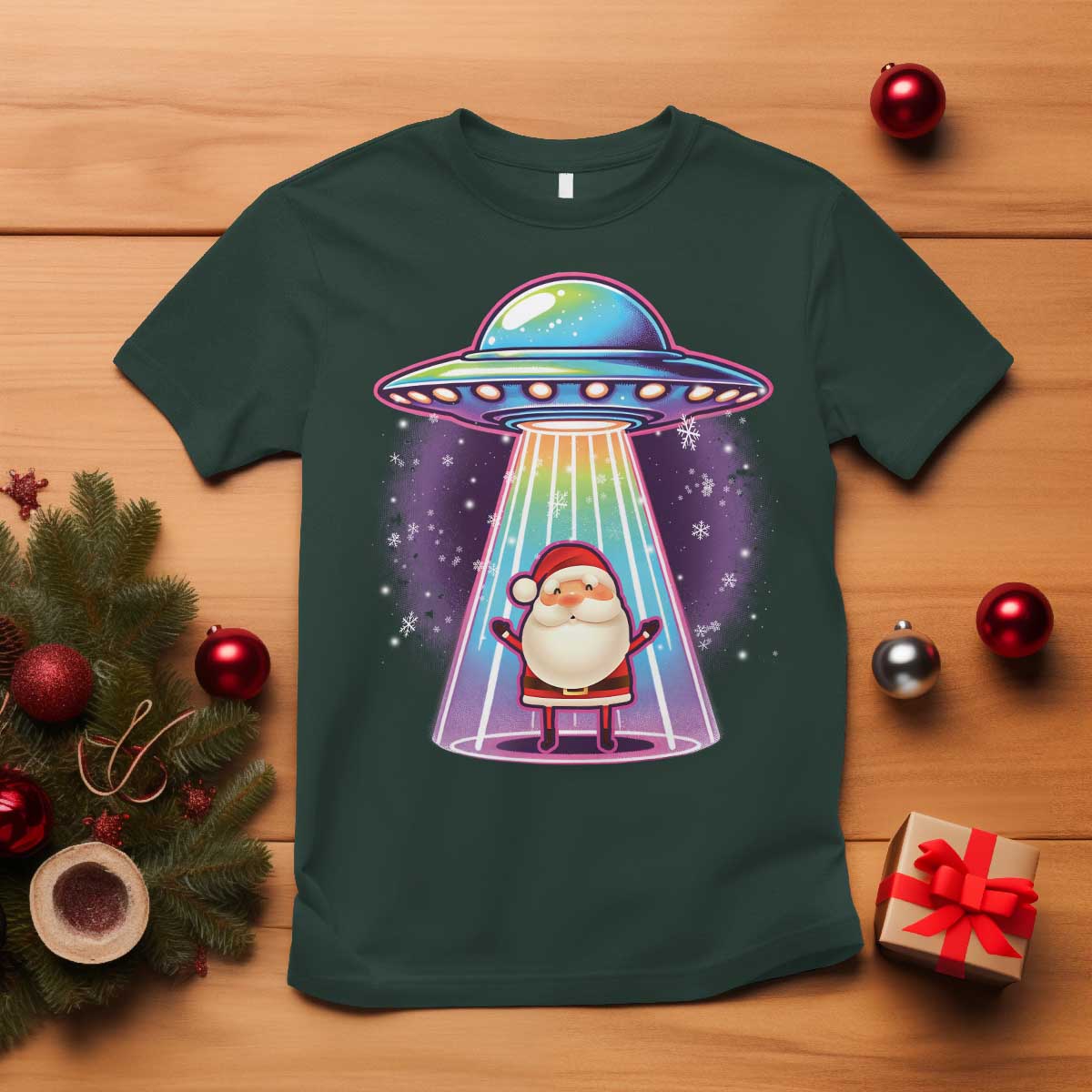 Funny Christmas Santa Alien Neon UFO T Shirt TS11 Dark Forest Green Print Your Wear