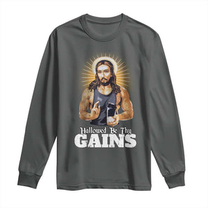 Funny Jesus Gym Workout Hallowed Be Thy Gains Long Sleeve Shirt Muscle Jesus Weightlifting TS11 Dark Heather Print Your Wear