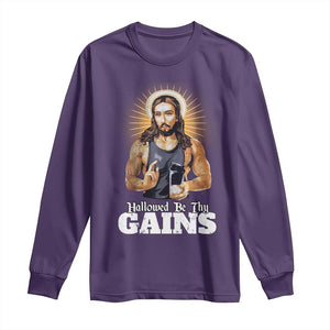 Funny Jesus Gym Workout Hallowed Be Thy Gains Long Sleeve Shirt Muscle Jesus Weightlifting TS11 Purple Print Your Wear