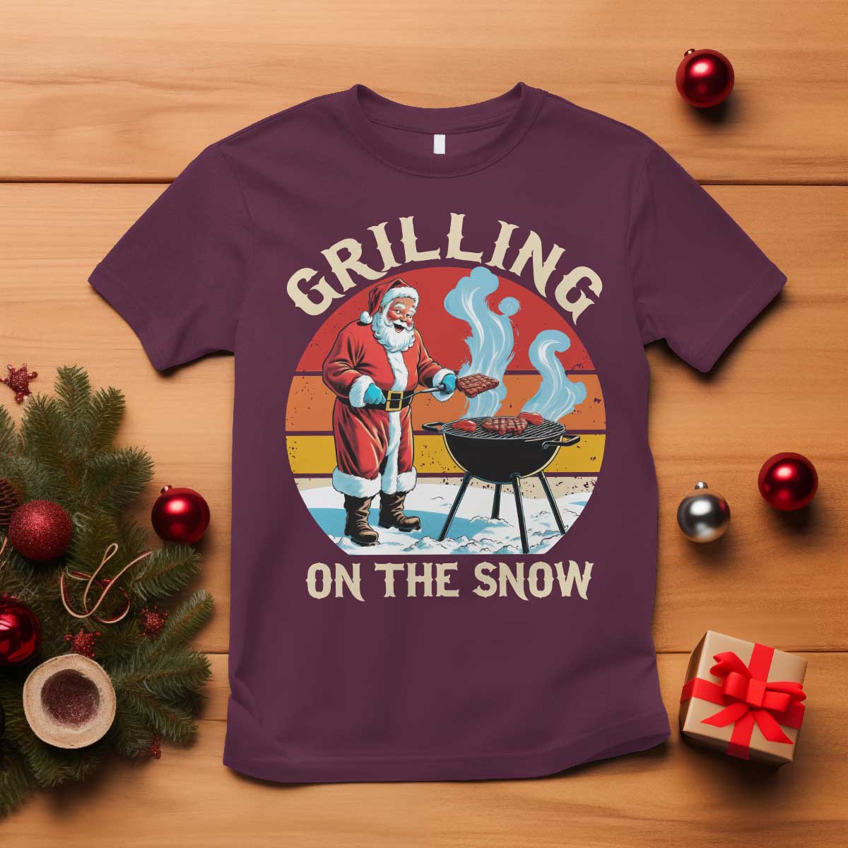 Funny Christmas Grilling Santa T Shirt Grilling On The Snow TS11 Maroon Print Your Wear