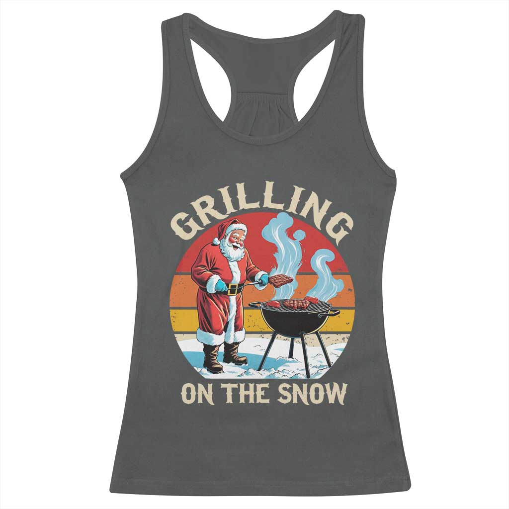 Funny Christmas Grilling Santa Racerback Tank Top Grilling On The Snow TS11 Dark Heather Print Your Wear