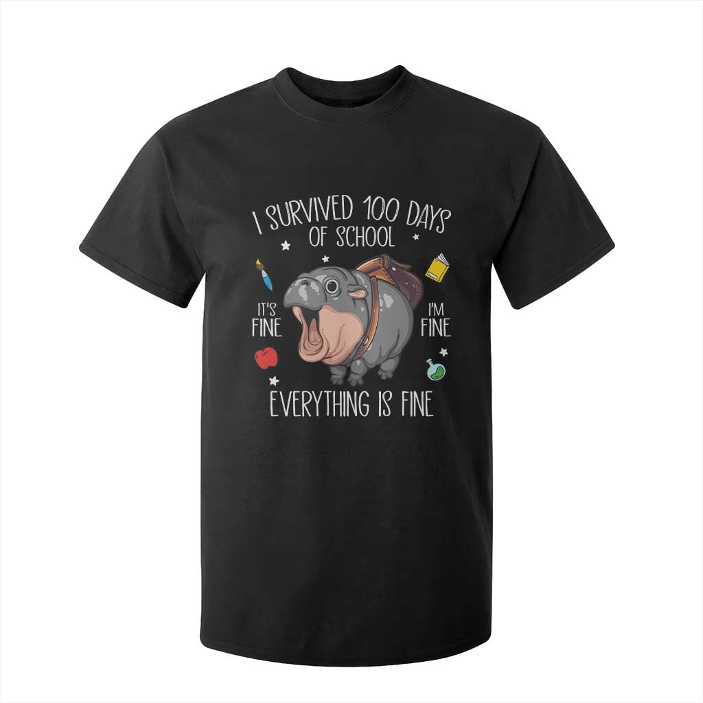 Funny I Survived 100 Days Of School Moo Deng T Shirt For Kid It's I'm Fine Everything Is Fine TS11 Black Print Your Wear