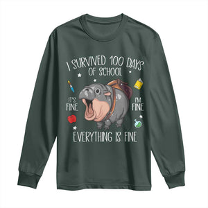 Funny I Survived 100 Days Of School Moo Deng Long Sleeve Shirt It's I'm Fine Everything Is Fine TS11 Dark Forest Green Print Your Wear