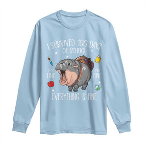 Funny I Survived 100 Days Of School Moo Deng Long Sleeve Shirt It's I'm Fine Everything Is Fine TS11 Light Blue Print Your Wear