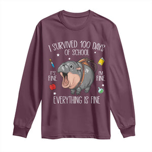 Funny I Survived 100 Days Of School Moo Deng Long Sleeve Shirt It's I'm Fine Everything Is Fine TS11 Maroon Print Your Wear