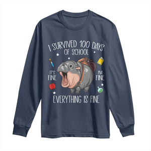 Funny I Survived 100 Days Of School Moo Deng Long Sleeve Shirt It's I'm Fine Everything Is Fine TS11 Navy Print Your Wear