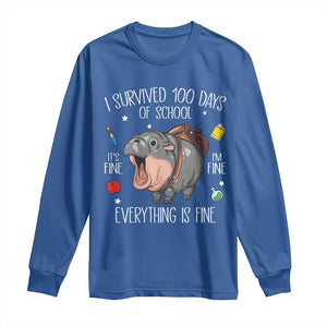 Funny I Survived 100 Days Of School Moo Deng Long Sleeve Shirt It's I'm Fine Everything Is Fine TS11 Royal Blue Print Your Wear