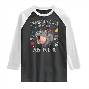 Funny I Survived 100 Days Of School Moo Deng Raglan Shirt It's I'm Fine Everything Is Fine TS11 Black White Print Your Wear