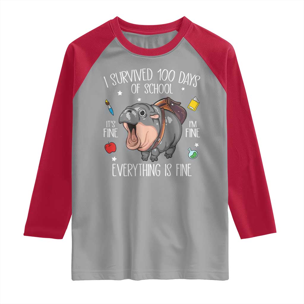 Funny I Survived 100 Days Of School Moo Deng Raglan Shirt It's I'm Fine Everything Is Fine TS11 Sport Gray Red Print Your Wear