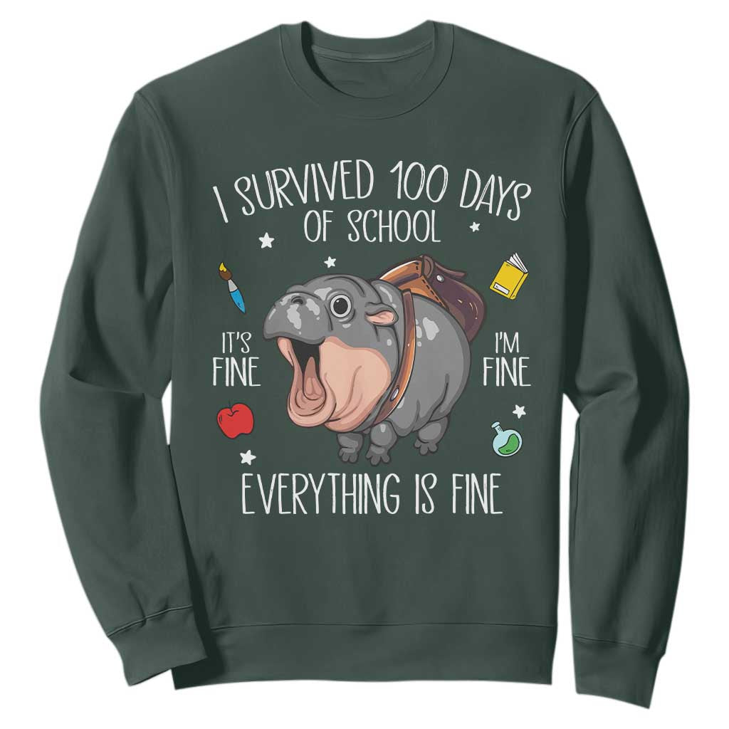 Funny I Survived 100 Days Of School Moo Deng Sweatshirt It's I'm Fine Everything Is Fine TS11 Dark Forest Green Print Your Wear