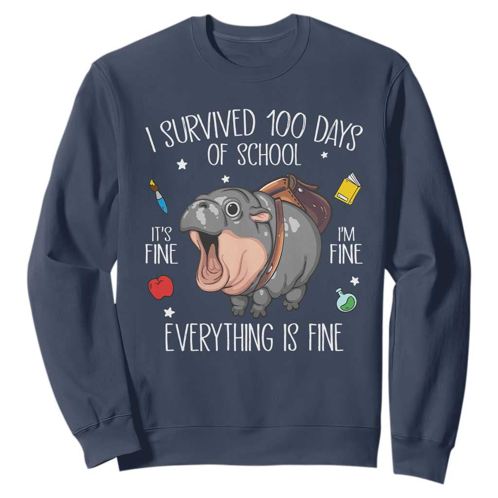 Funny I Survived 100 Days Of School Moo Deng Sweatshirt It's I'm Fine Everything Is Fine TS11 Navy Print Your Wear