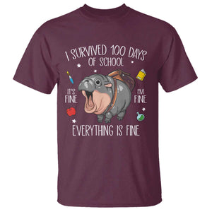 Funny I Survived 100 Days Of School Moo Deng T Shirt It's I'm Fine Everything Is Fine TS11 Maroon Print Your Wear