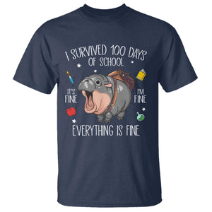 Funny I Survived 100 Days Of School Moo Deng T Shirt It's I'm Fine Everything Is Fine TS11 Navy Print Your Wear