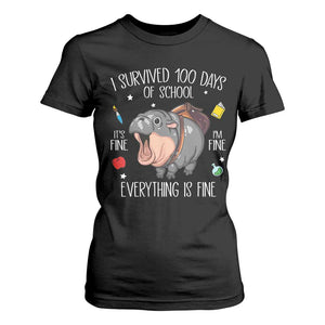 Funny I Survived 100 Days Of School Moo Deng T Shirt For Women It's I'm Fine Everything Is Fine TS11 Black Print Your Wear