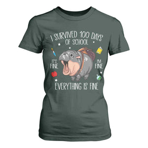 Funny I Survived 100 Days Of School Moo Deng T Shirt For Women It's I'm Fine Everything Is Fine TS11 Dark Forest Green Print Your Wear