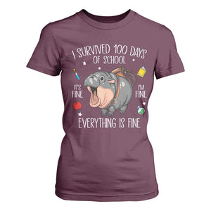 Funny I Survived 100 Days Of School Moo Deng T Shirt For Women It's I'm Fine Everything Is Fine TS11 Maroon Print Your Wear