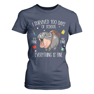 Funny I Survived 100 Days Of School Moo Deng T Shirt For Women It's I'm Fine Everything Is Fine TS11 Navy Print Your Wear