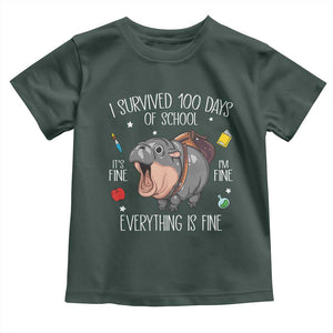 Funny I Survived 100 Days Of School Moo Deng Toddler T Shirt It's I'm Fine Everything Is Fine TS11 Dark Forest Green Print Your Wear