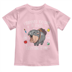 Funny I Survived 100 Days Of School Moo Deng Toddler T Shirt It's I'm Fine Everything Is Fine TS11 Light Pink Print Your Wear