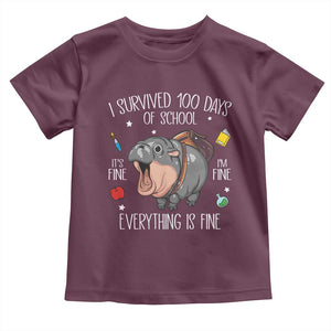 Funny I Survived 100 Days Of School Moo Deng Toddler T Shirt It's I'm Fine Everything Is Fine TS11 Maroon Print Your Wear