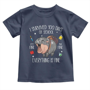 Funny I Survived 100 Days Of School Moo Deng Toddler T Shirt It's I'm Fine Everything Is Fine TS11 Navy Print Your Wear