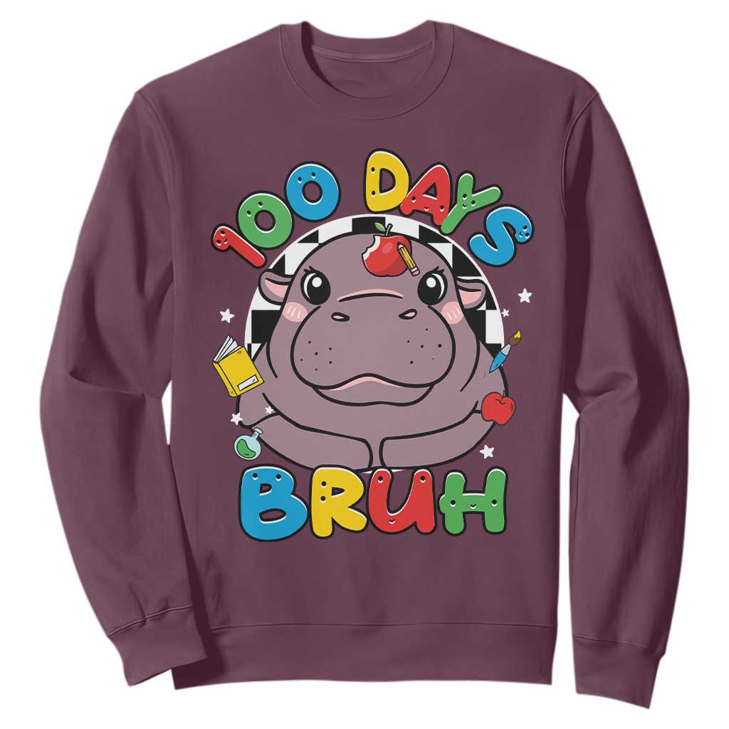 Funny Moo Deng 100 Days Bruh Sweatshirt Happy 100 Days Of School TS11 Maroon Print Your Wear