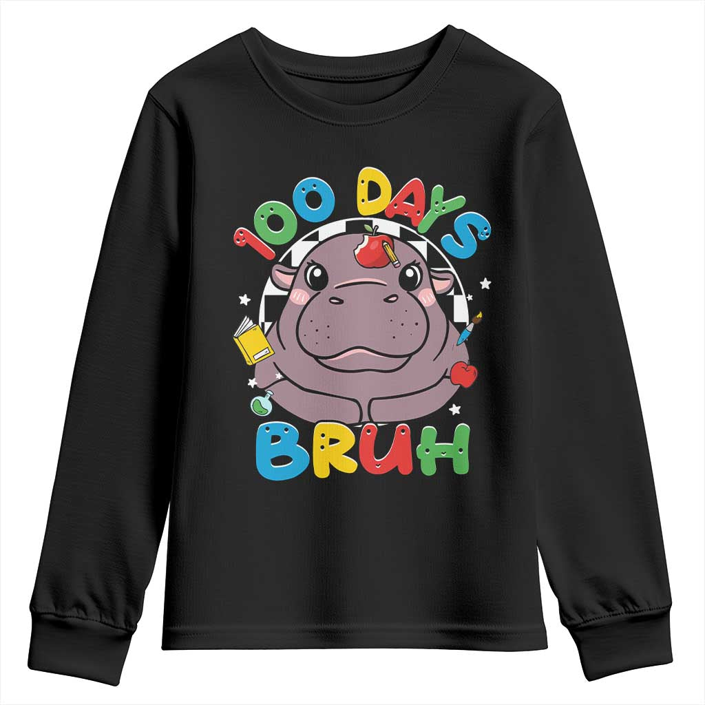 Funny Moo Deng 100 Days Bruh Youth Sweatshirt Happy 100 Days Of School TS11 Black Print Your Wear