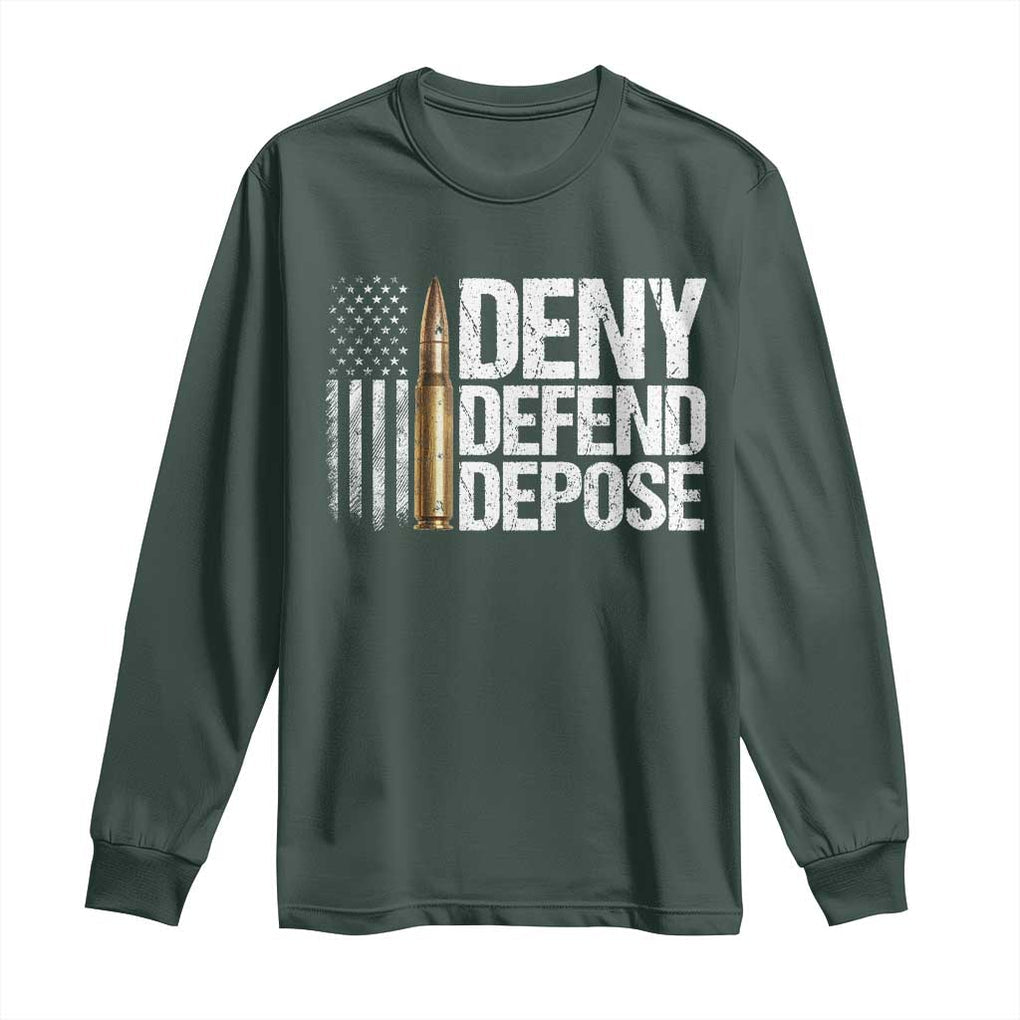 Deny Defend Depose Long Sleeve Shirt Bullet Vintage American Flag TS11 Dark Forest Green Print Your Wear