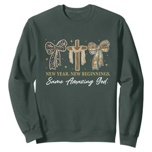 New Year New Beginnings Same Amazing God Sweatshirt Christian New Years Eve TS11 Dark Forest Green Print Your Wear