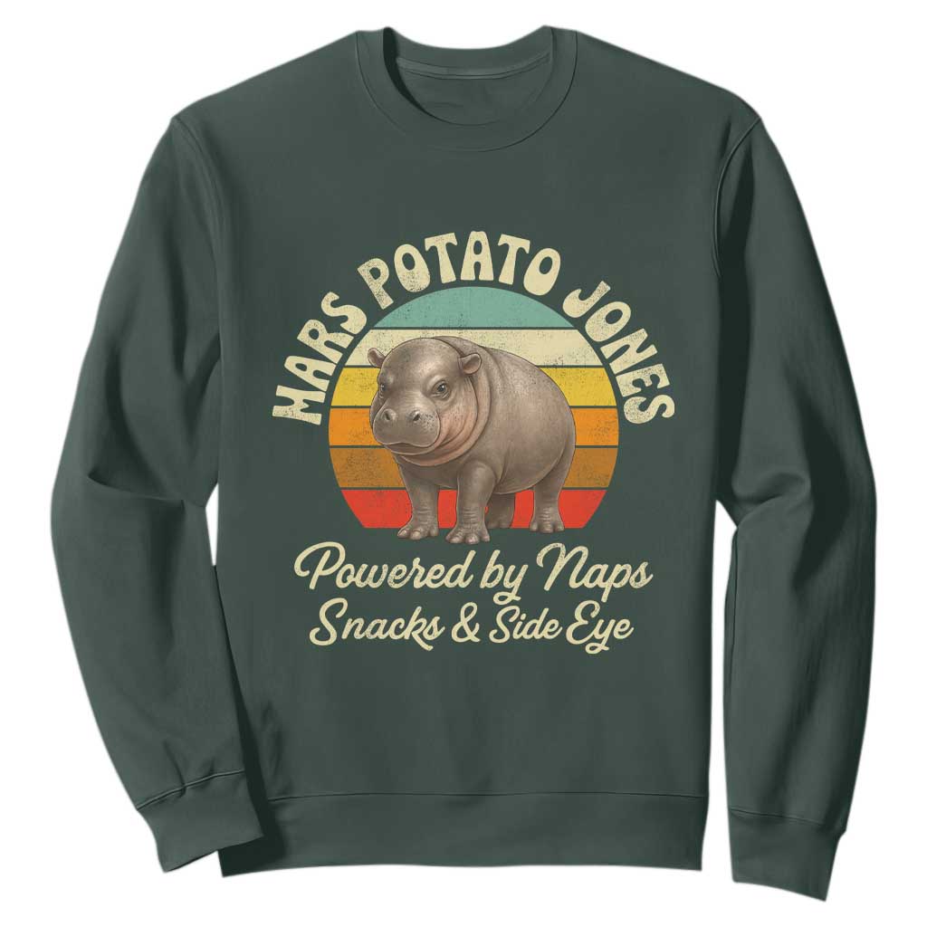 Funny Mars Potato Jones Sweatshirt Powered by Naps Snacks Side Eye Pygmy Hippo TS11 Dark Forest Green Print Your Wear