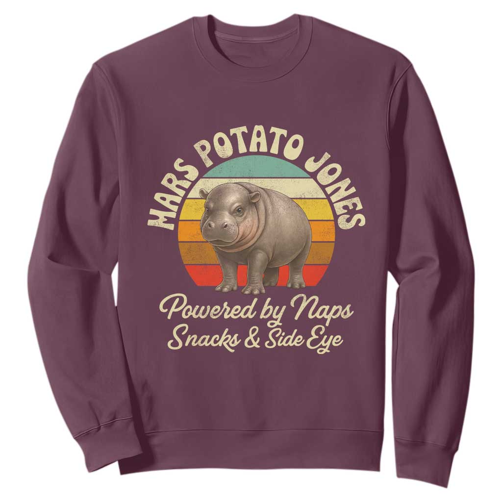 Funny Mars Potato Jones Sweatshirt Powered by Naps Snacks Side Eye Pygmy Hippo TS11 Maroon Print Your Wear