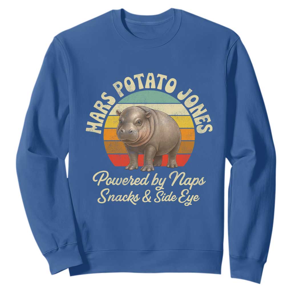 Funny Mars Potato Jones Sweatshirt Powered by Naps Snacks Side Eye Pygmy Hippo TS11 Royal Blue Print Your Wear