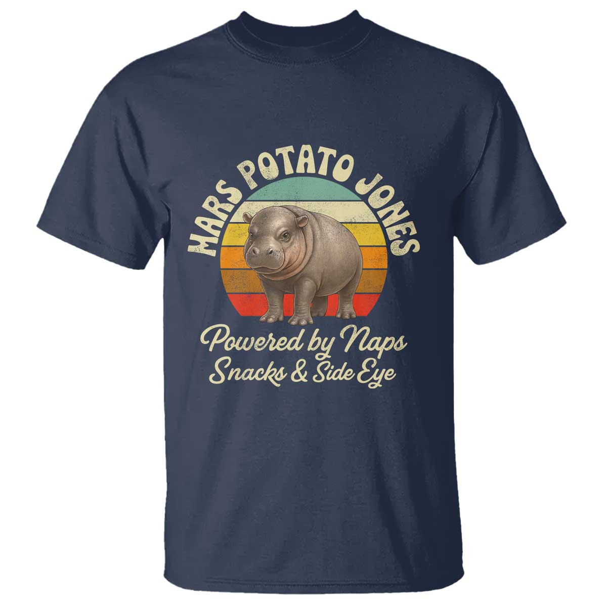 Funny Mars Potato Jones T Shirt Powered by Naps Snacks Side Eye Pygmy Hippo TS11 Navy Print Your Wear