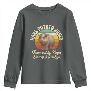 Funny Mars Potato Jones Youth Sweatshirt Powered by Naps Snacks Side Eye Pygmy Hippo TS11 Dark Heather Print Your Wear