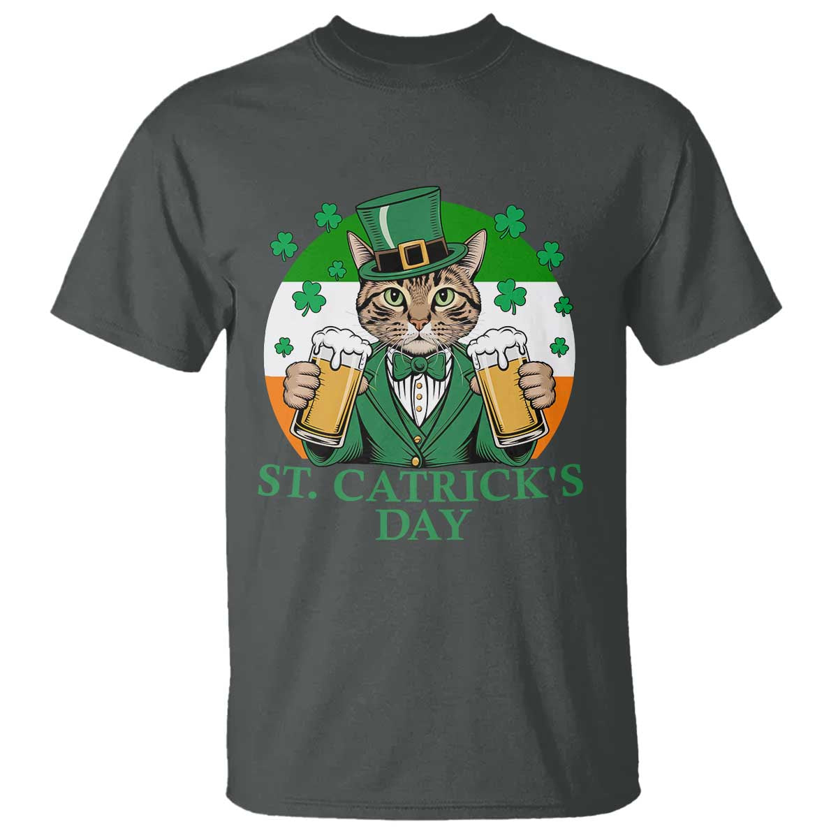 Funny St Catrick's Day Beer T Shirt St Patrick's Day Cat Beer Shamrock TS11 Dark Heather Print Your Wear