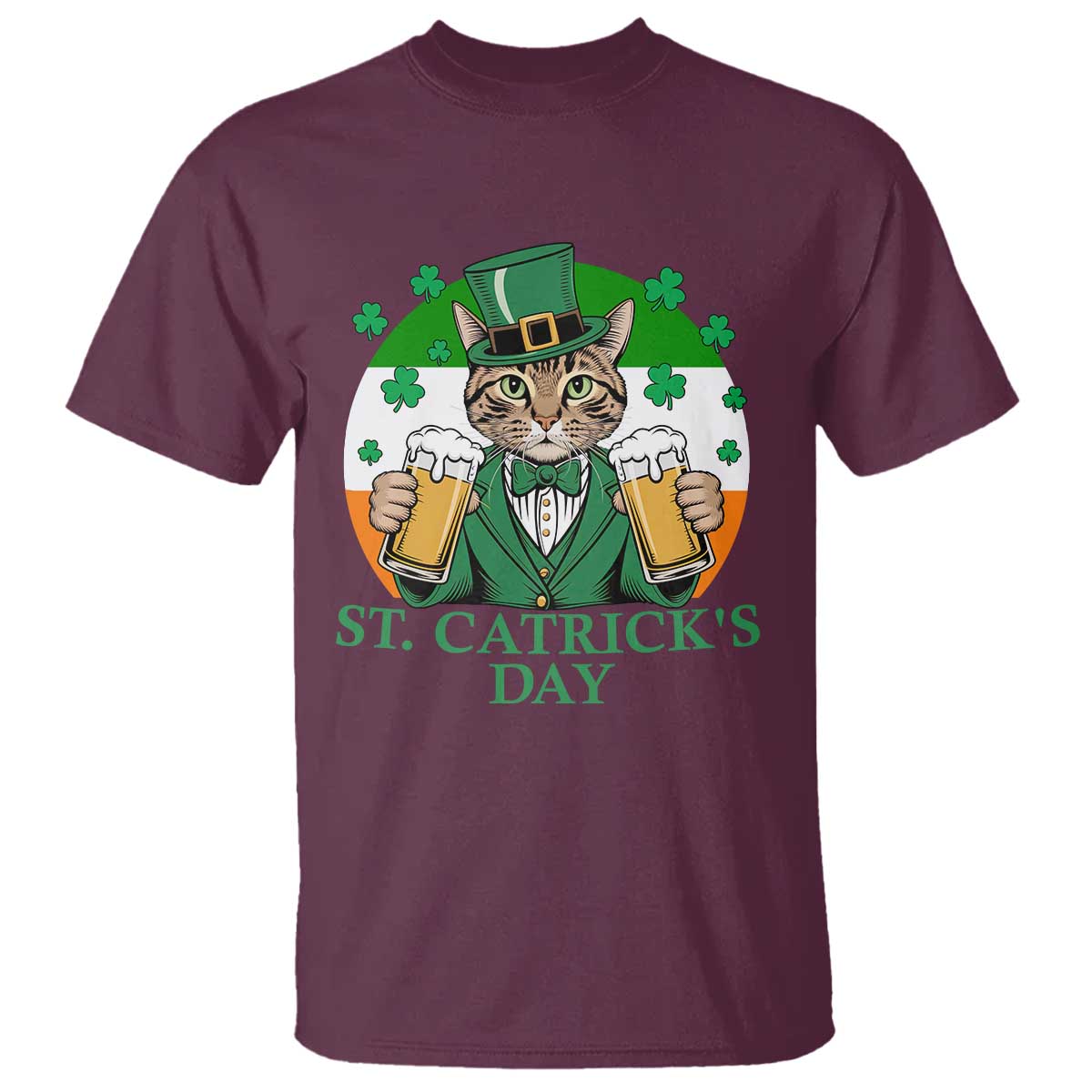 Funny St Catrick's Day Beer T Shirt St Patrick's Day Cat Beer Shamrock TS11 Maroon Print Your Wear
