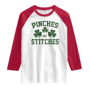 Funny St Patrick's Day Pinches Get Stiches Raglan Shirt Shamrock TS11 White Red Print Your Wear