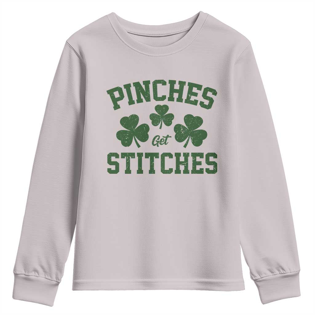 Funny St Patrick's Day Pinches Get Stiches Youth Sweatshirt Shamrock TS11 Ice Gray Print Your Wear