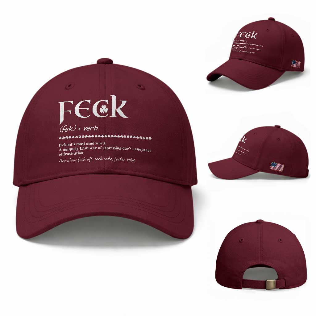 Funny Irish Pride Baseball Cap Feck Definition Shamrocks St Patrick's Day TS11 Baseball Cap Universal Fit Maroon Print Your Wear