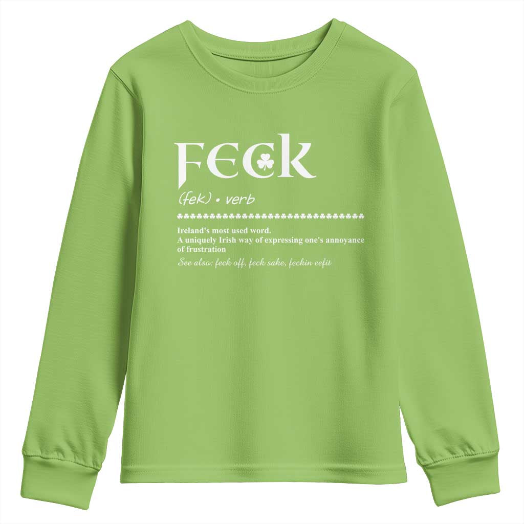 Funny Irish Pride Youth Sweatshirt Feck Definition Shamrocks St Patrick's Day TS11 Lime Print Your Wear