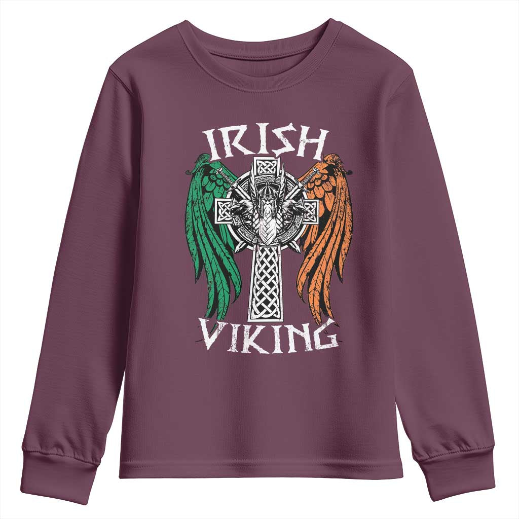 Irish Viking Youth Sweatshirt Vintage Shamrock Celtic Viking Skull TS11 Maroon Print Your Wear