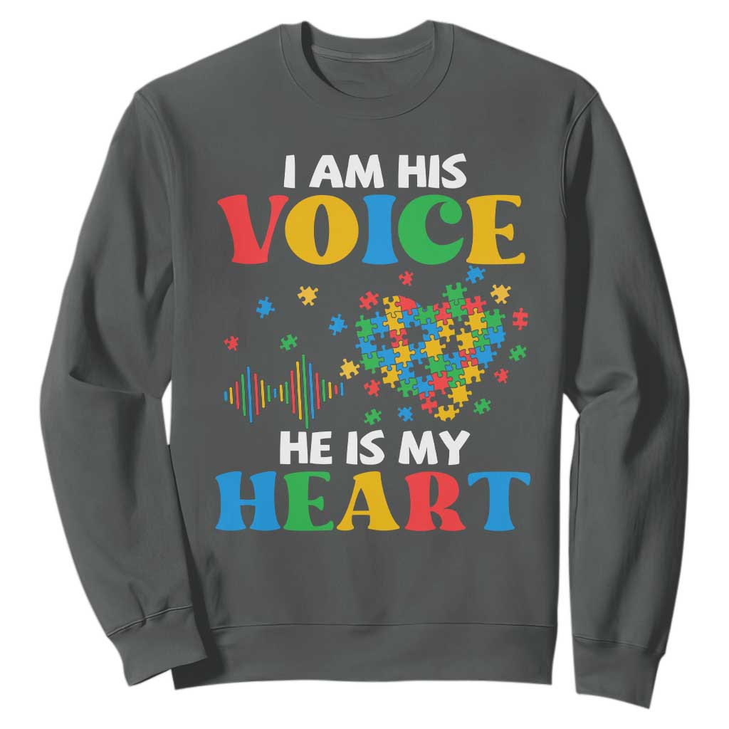I Am His Voice He Is My Heart Sweatshirt Autism Awareness Puzzle Piece TS11 Dark Heather Print Your Wear