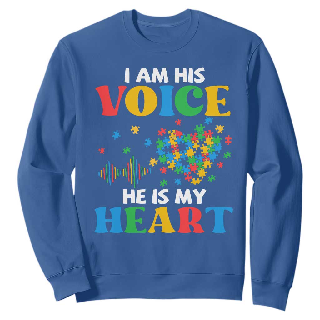 I Am His Voice He Is My Heart Sweatshirt Autism Awareness Puzzle Piece TS11 Royal Blue Print Your Wear