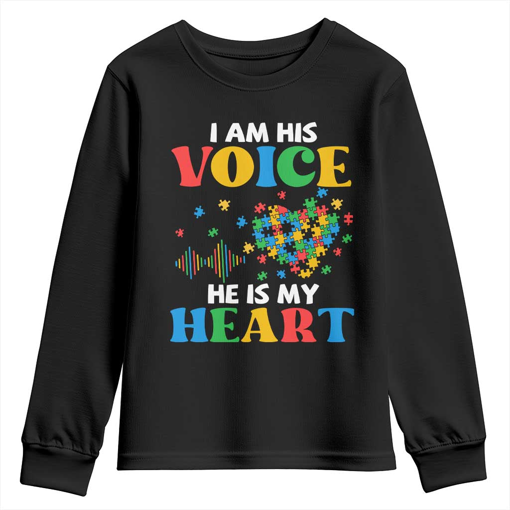 I Am His Voice He Is My Heart Youth Sweatshirt Autism Awareness Puzzle Piece TS11 Black Print Your Wear
