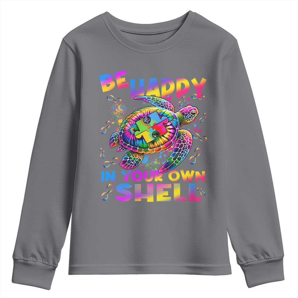 Funny Autism Awareness Be Happy In Your Own Shell Youth Sweatshirt Rainbow Puzzle Turtle TS11 Charcoal Print Your Wear