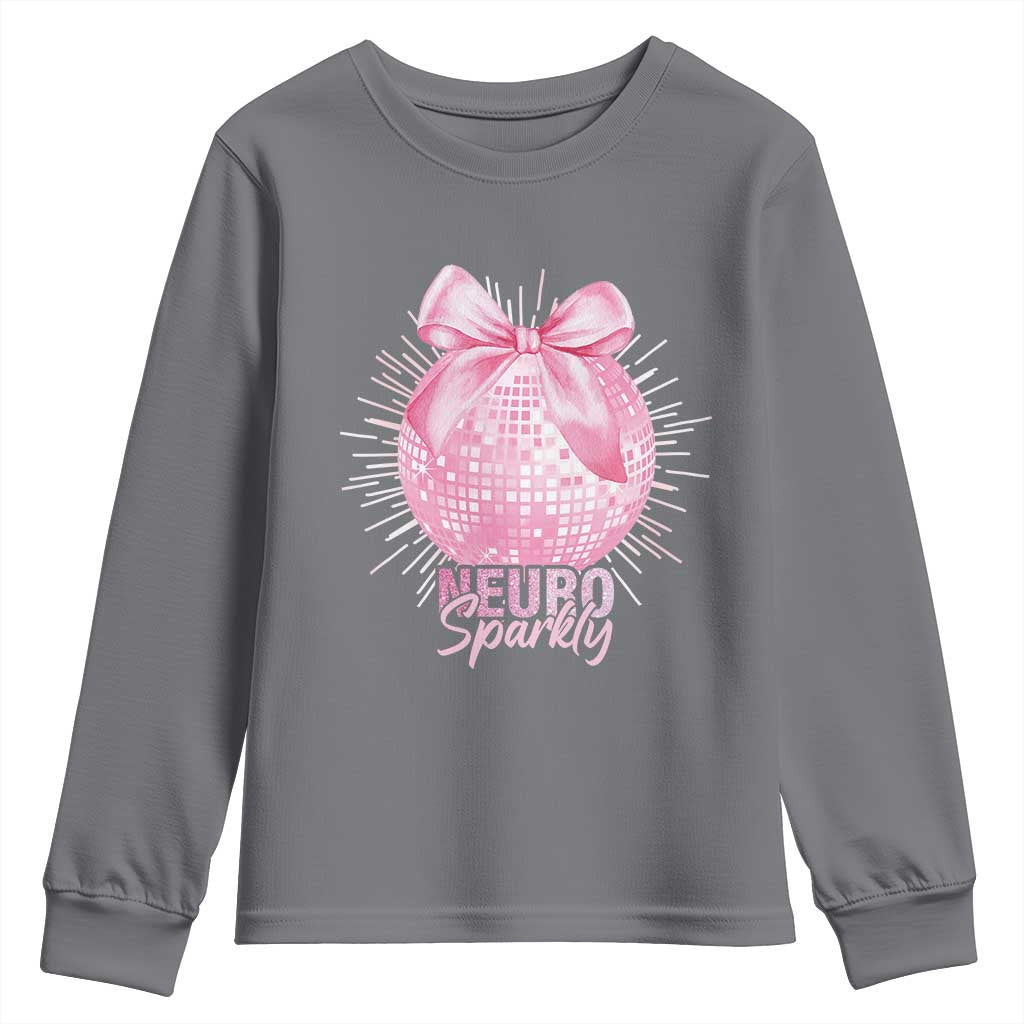 Neurodivergent Neuro Sparkly Youth Sweatshirt Autism Spectrum ADHD Pink Bow Disco Ball TS11 Charcoal Print Your Wear