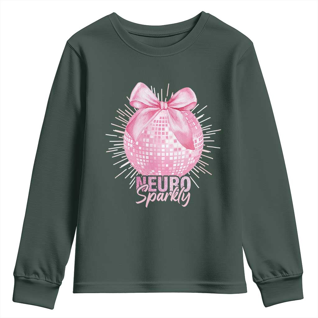 Neurodivergent Neuro Sparkly Youth Sweatshirt Autism Spectrum ADHD Pink Bow Disco Ball TS11 Dark Forest Green Print Your Wear